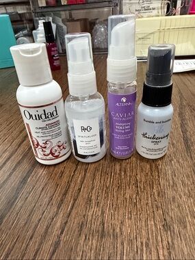 Ouidad hair Gel, R & Co dry shampoo mist, Caviar mist, BB thickening spray